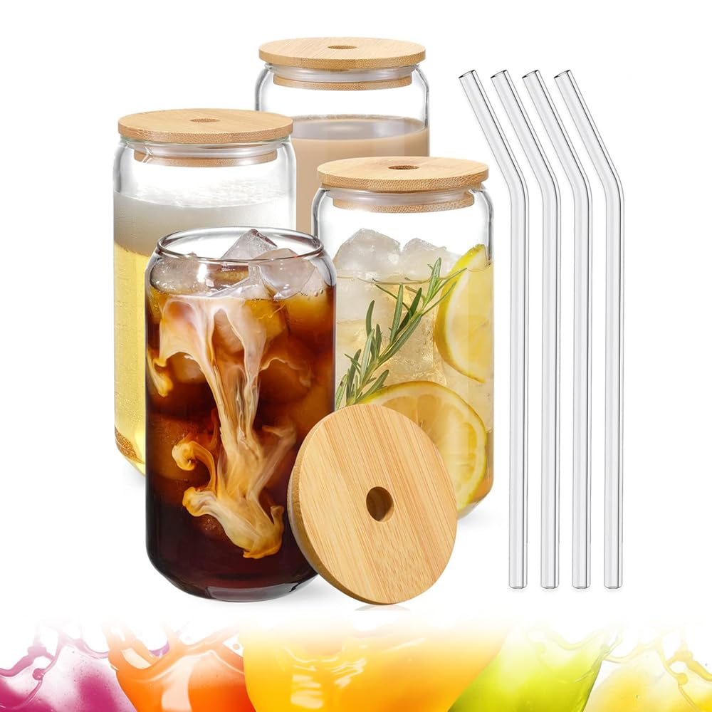 AMERTEER 4 Pcs Glass Cups with Bamboo Lids 550ml | Drinking Glasses Straws,Clear Reusable Tumblers Set with Cleaning Brushes, Leak-Proof Drinkware for Tea, Coffee, Smoothies, Iced Drinks