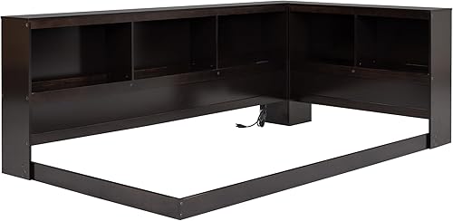 Miniatura 6 de Sofá cama con cabecera de estantería, marco de cama esquinero de tamaño individual con estación de carga, cama de plataforma de madera con