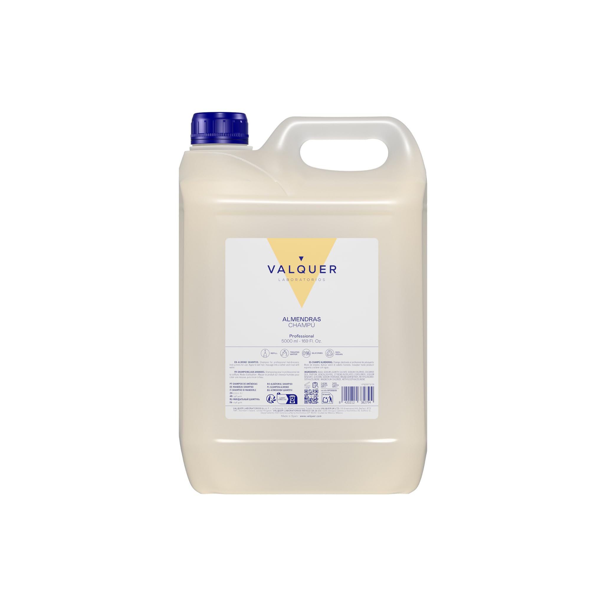 VALQUER Shampoing Professionnel Amande Douce 5L - Shampoing Usage Fréquent Vegan Sans Silicones, Tous Types de Cheveux, Grand Format pour Salon de Coiffure et Usage Intensif