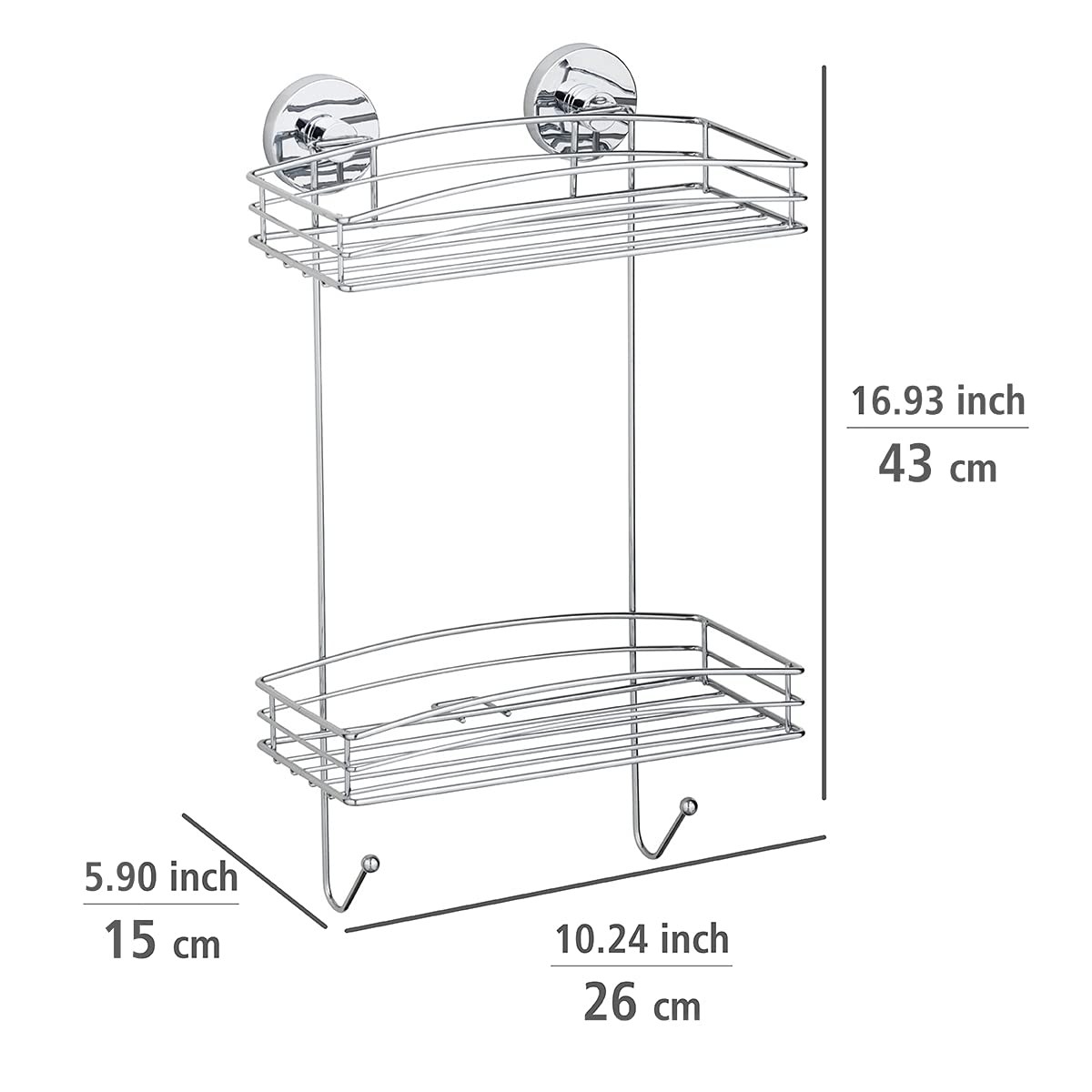 WENKO Wandregal Mod. Vacuum-Loc mit 2 Etagen und 2 Haken Duschablage ohne Bohren verchromtes Metall Drahtkorb-Design Maße 26 x 44 x 15,5 cm