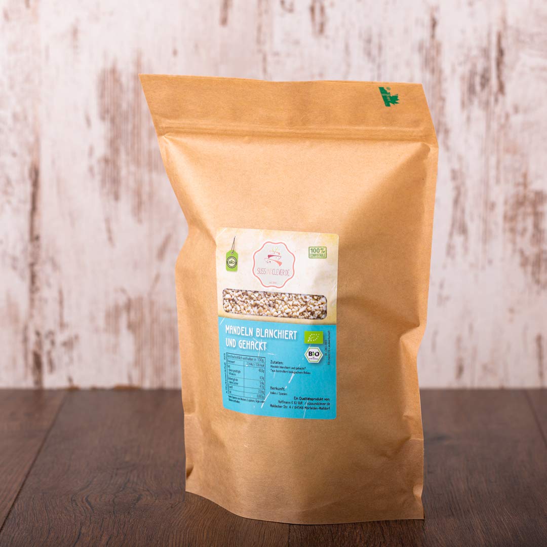 süssundclever.de® Bio Mandeln | blanchiert & gehackt | 1,0 kg | blanchierte Mandeln | plastikfrei und ökologisch-nachhaltig abgepackt