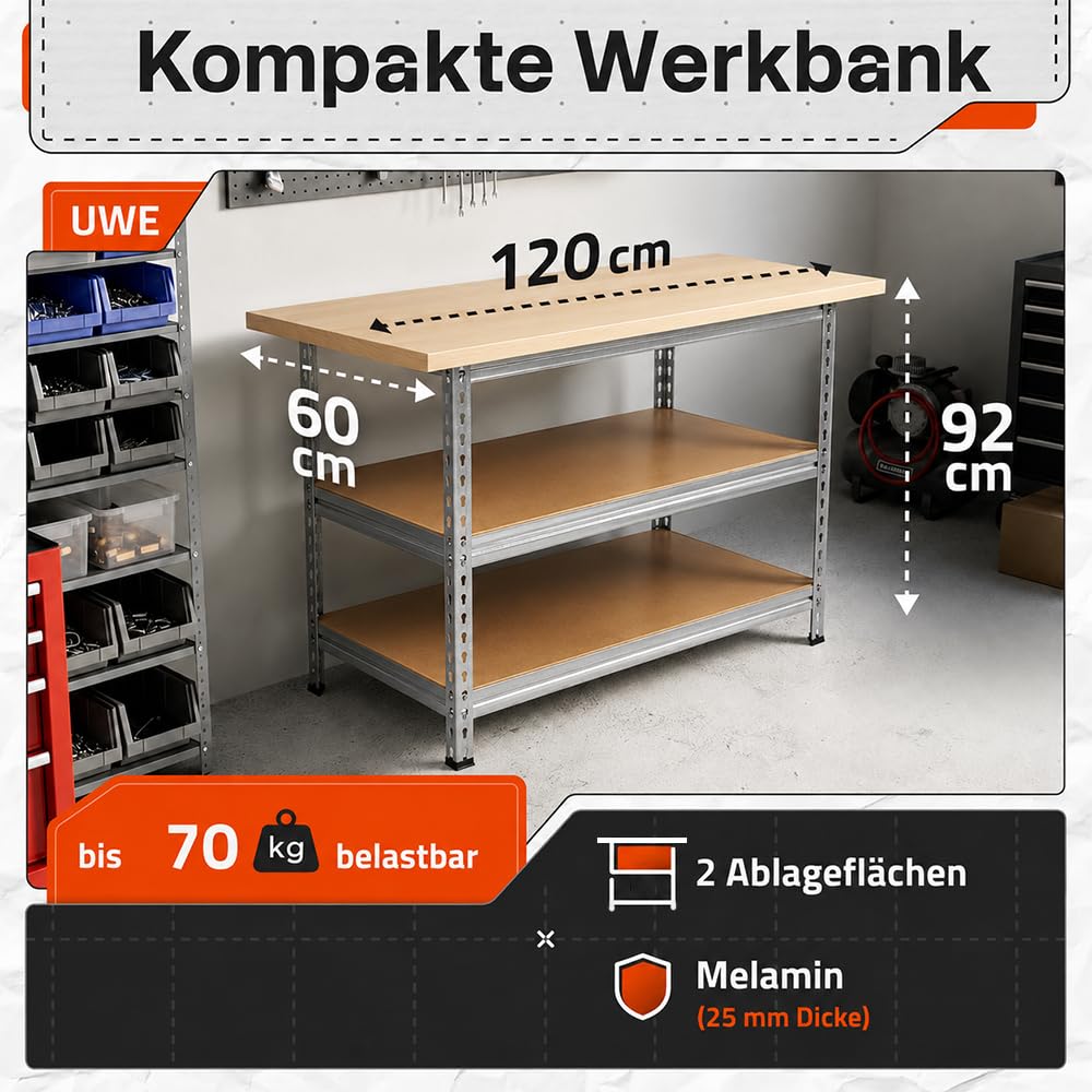 Ondis24 Werkbank Uwe 120cm Metallregal und Werktisch mit höhenverstellbaren Einlegeböden Packtisch verzinkt 92cm Arbeitshöhe mit Buchenarbeitsplatte (Melamin)