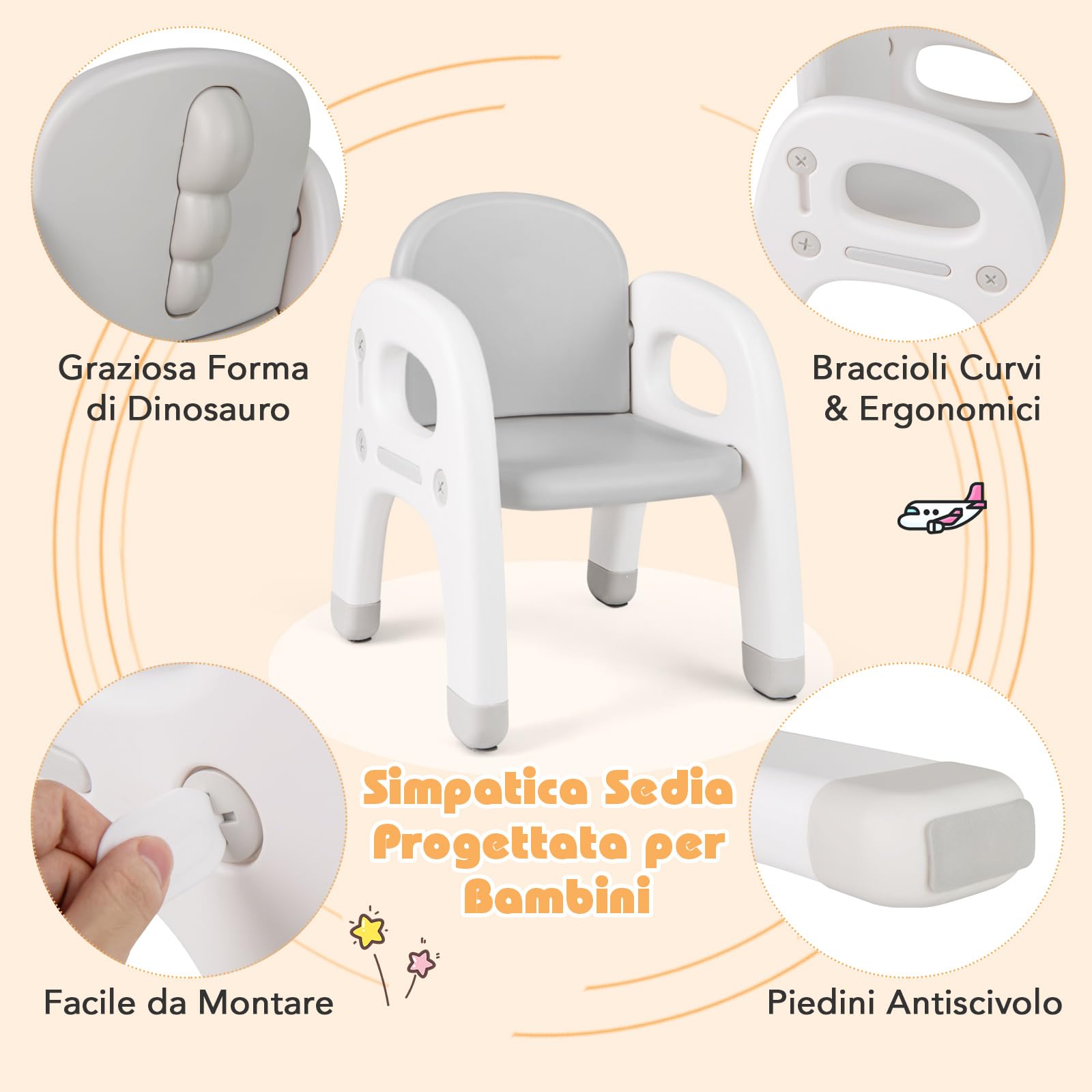 COSTWAY Tavolo e Sedia per Bambini Dinosauro Set Scrivania Attività Artistiche Studio 1-5 Anni Grigio