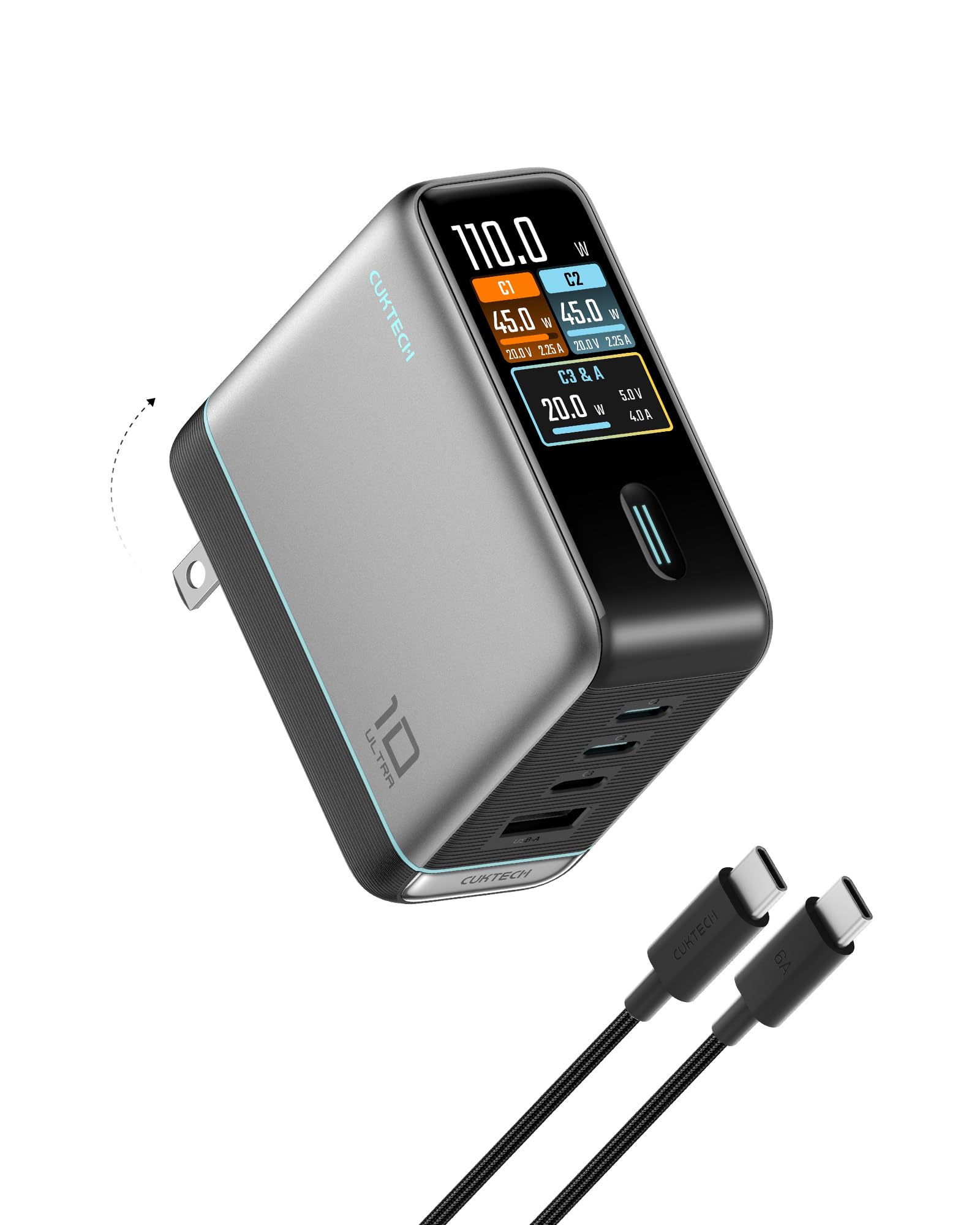CUKTECH 100W USB C Charger, 4-Port GaN Wall Charger with Smart Display | Real-Time Wattage Display, 3 USB-C + 1 USB-A, for MacBook Pro/Air, iPhone 17/16, Galaxy S26 and Pixel, 240W Cable Included ClimatePartner certified