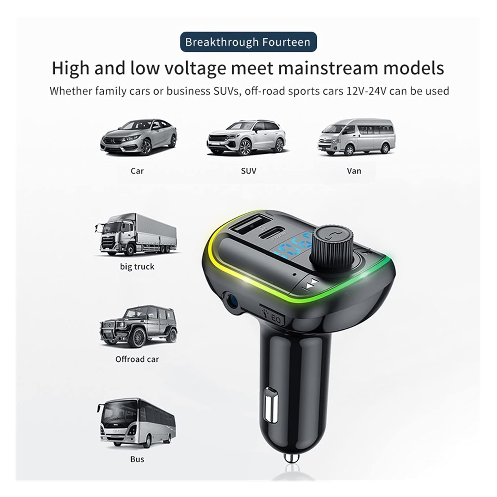 Adaptateur Audio Bluetooth FÉMININ Kit de Voiture de transmetteur Mains Libres sans Fil Bluetooth 5.0 MP3 Joueur USB PD 18W Chargeur Rapide Mains Libres atmosphère colorée lumières