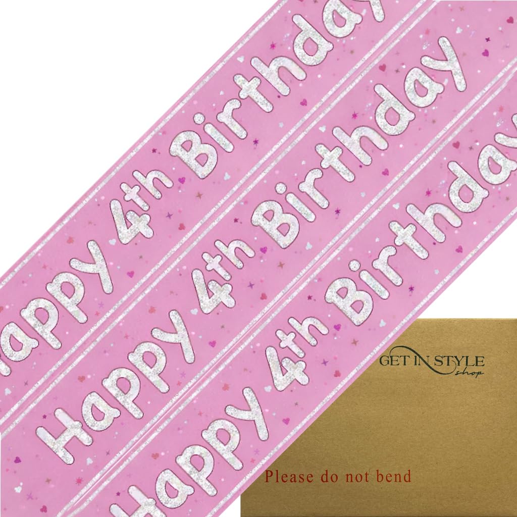 9ft Banner Happy 4th Birthday Light Pink Holographic Foil Pennant Age 4 (274cm)