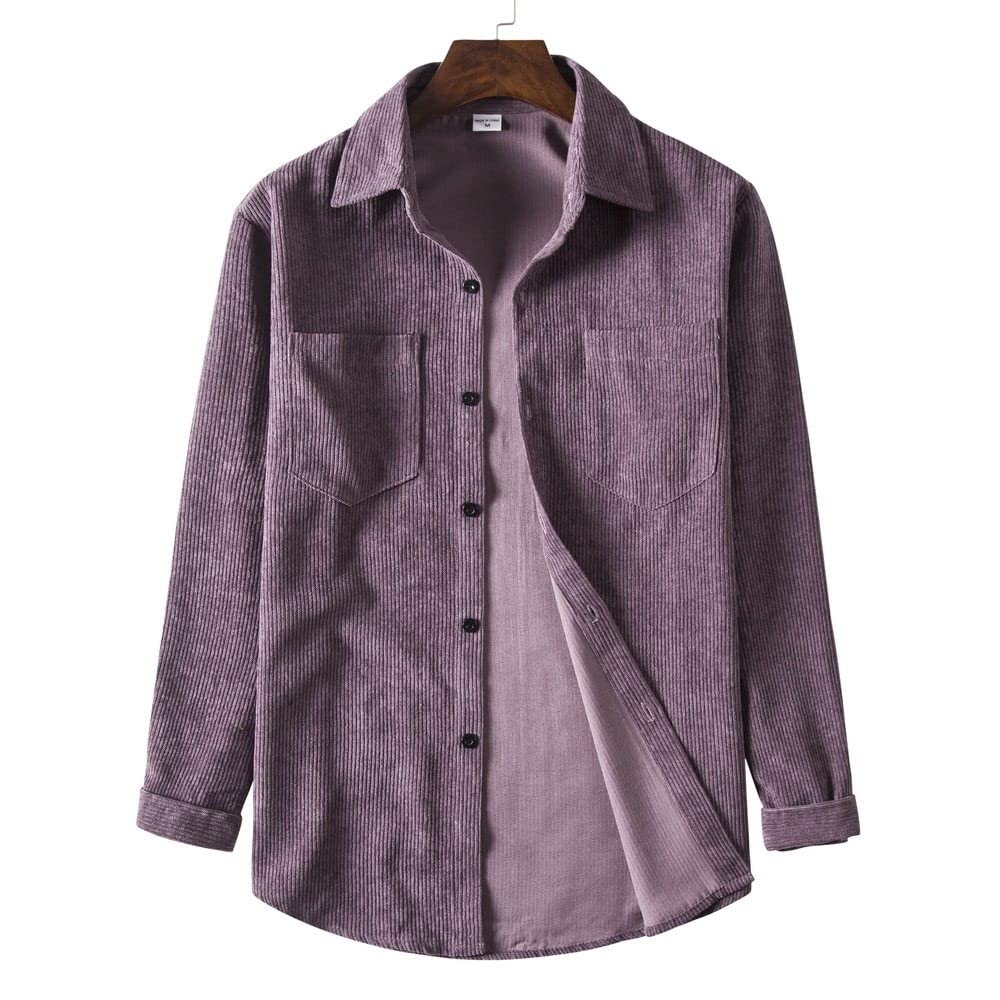HGJH Herren Thermohemd, Herren Langarm Retro Cordhemd Henry Hemd Jacke Lila Thermohemd Futter Großvater Hemd Revers Knöpfe Bequem Lässiges Arbeitshemd Für Männer Jungen