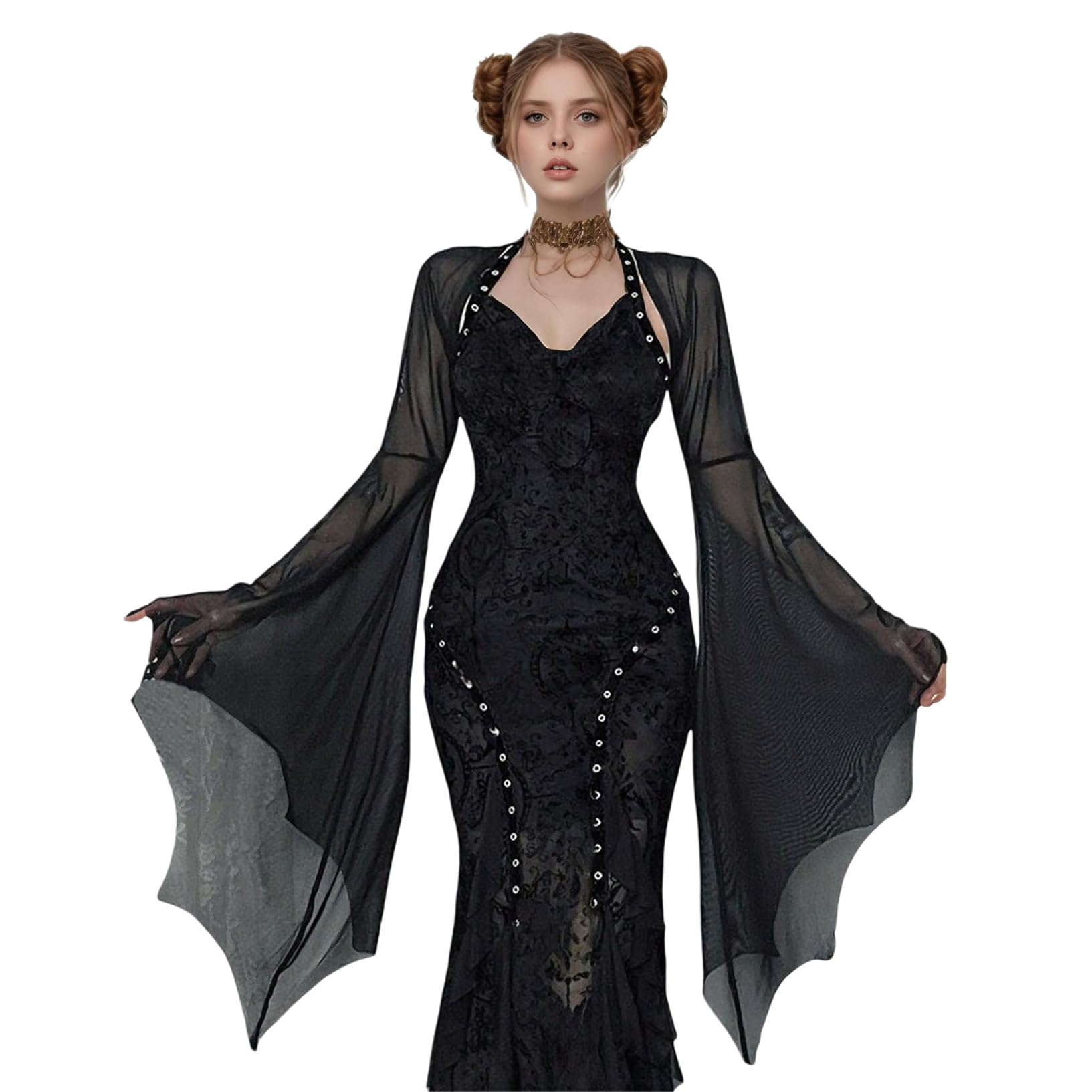 HeiBai Xiong Women Vampire Goth Sheer Crop Shrug Tops - Bat Bell Long Sleeve See Through Bolero for