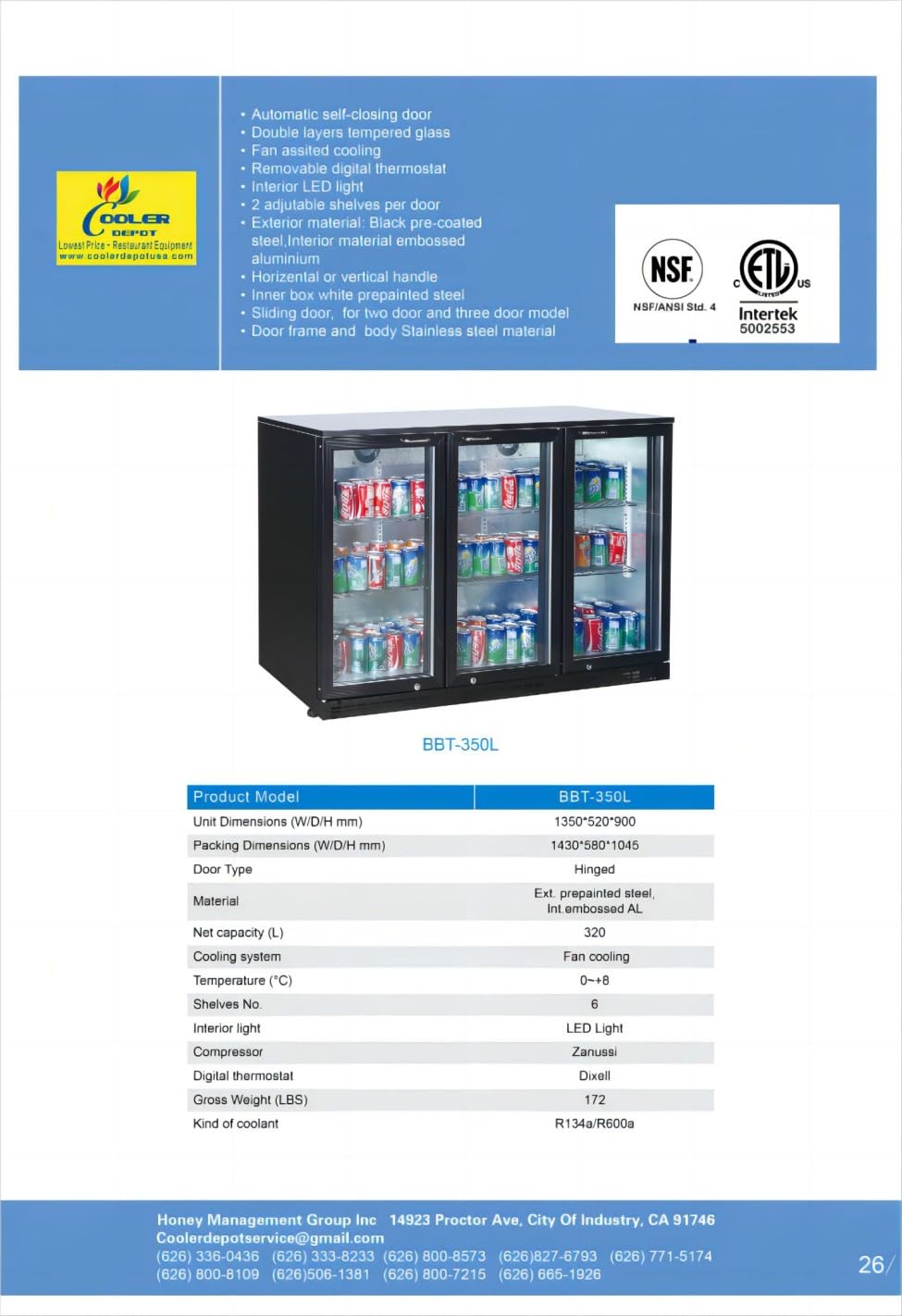 Beer Back Bar Cooler 3 Glass Door (Swing Door) 53" Width Beer Fridge Nsf Certified Beverage Refrigerator 11.8 Cu.Ft Under Counter Height 35°-46°F Black Bb3dup on Fridge.com - View 2