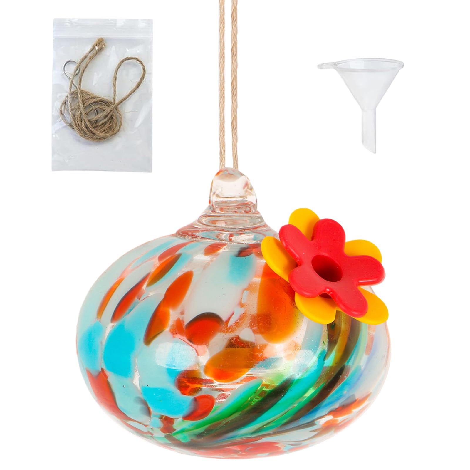 Introti QFkris Blown Glass Hummingbird Feeder with Suction Cups for Window Small Hummingbird Feeder with Flo (B)