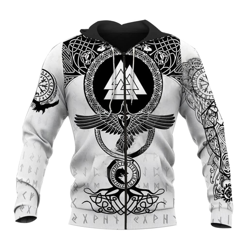 Ahtcpo Men's Zip Yabeme Viking Crow Hoodie, Nordic 3D Print Valknut Retro Rune Tattoo Casual Raven Unisex Pullover Sweatshirt,,L