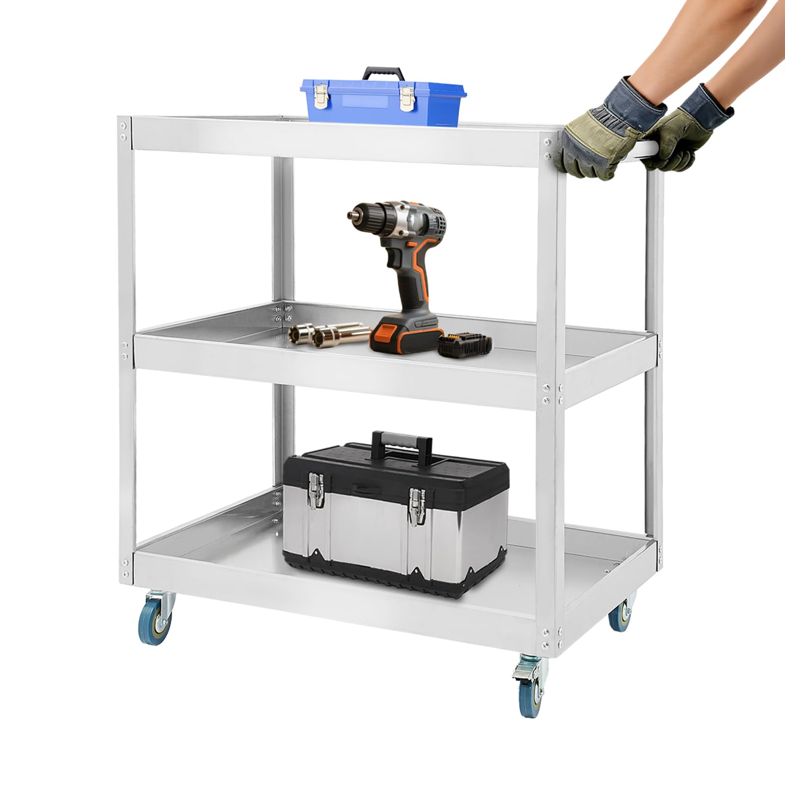Carro de 3 pisos con ruedas, carro de servicio para catering, taller, almacenamiento de herramientas, 66 x 35 x 71 cm, sin electrodomésticos, con 4 ruedas giratorias de 360°, para restaurantes