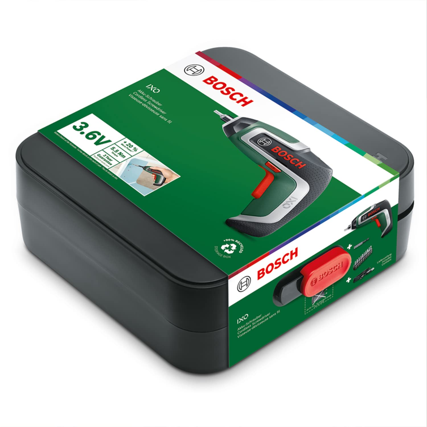 Bosch IXO - Avvitatore a batteria compatto (7a generazione, 3,6 V/2,0 Ah, 5,5 Nm, set con adattatore ad angolo per avvitare e adattatore per avvitare, cavo micro USB, valigetta)