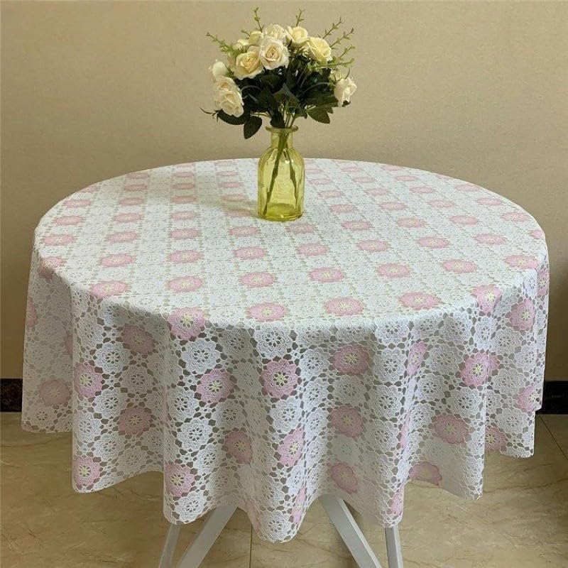 CMZZM Dia 80-130cm Lace Flower Round Pvc Table Cloth Wipe Clean Pvc Table Cloth Round Table For Circular Table Home Dinning Table