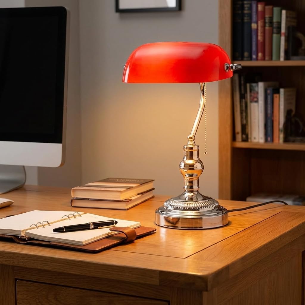 BARCELONA LED Lampada da Tavolo Banker Vintage E27 Paralume in Vetro Rosso Base Cromata Orientabile Luce da Scrivania Classica Stile Industriale Retrò Nordico per Ufficio