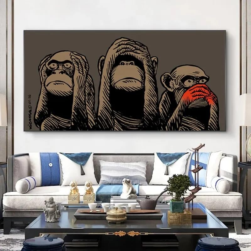LMAIWANG Trzech mądrych małp płótno dekoracyjne humorystyczne zwierzę plakat do dekoracji domu sypialni (50 x 90 cm / bez ramki)