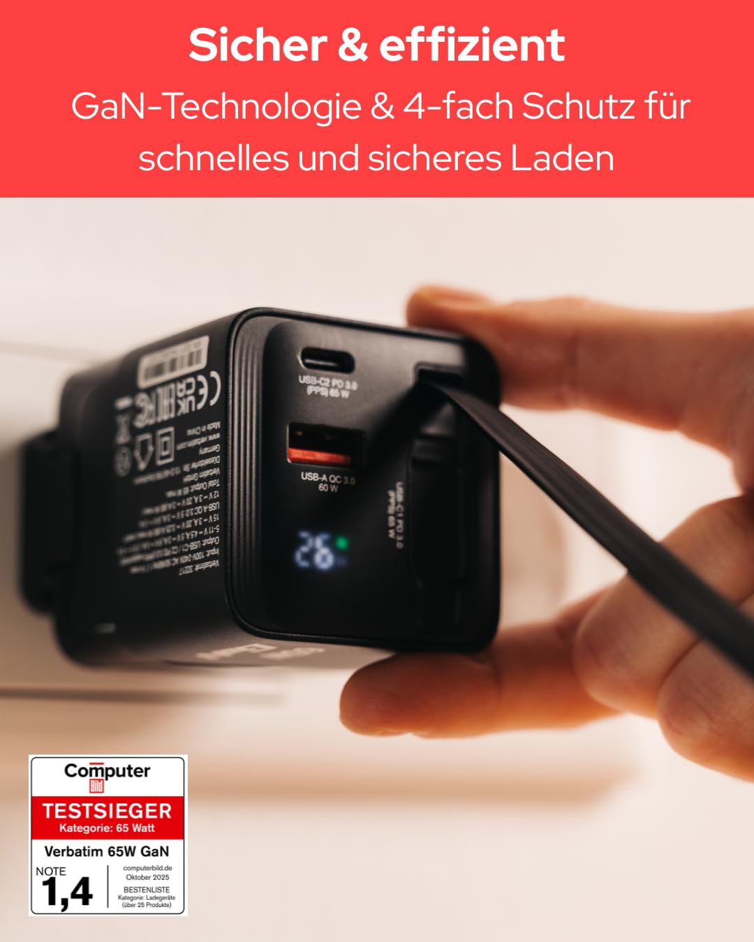 Verbatim GaN Charger 65 W 2-Port USB-C Ladegerät mit ausziehbarem USB-C Kabel, USB-C und USB-A Power Adapter, Schnellladegerät für Apple iPad, iPhone, Samsung & Co, Travel Adapter für EU, UK, USA
