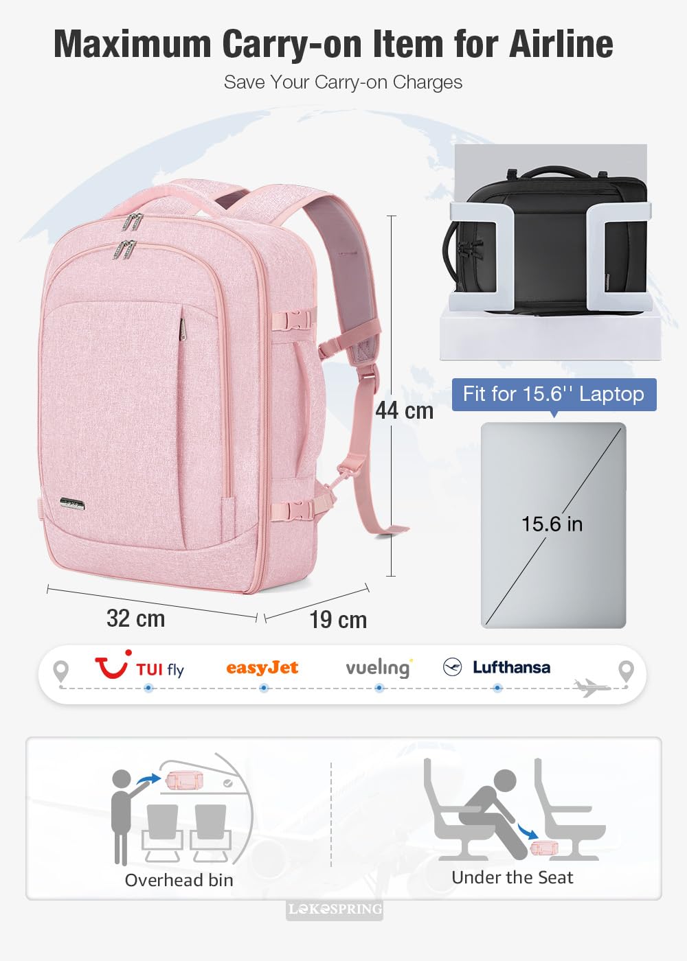 Lekespring Zaino Ryanair 40x20x25 - Zaino da Viaggio Aereo Bagaglio a Mano per Donne e Uomini, Bagaglio a Mano 40x20x25 Ryanair, Borsa Cabina con 6 Sacchetti Organizzatori per Scuola D'affari Casual