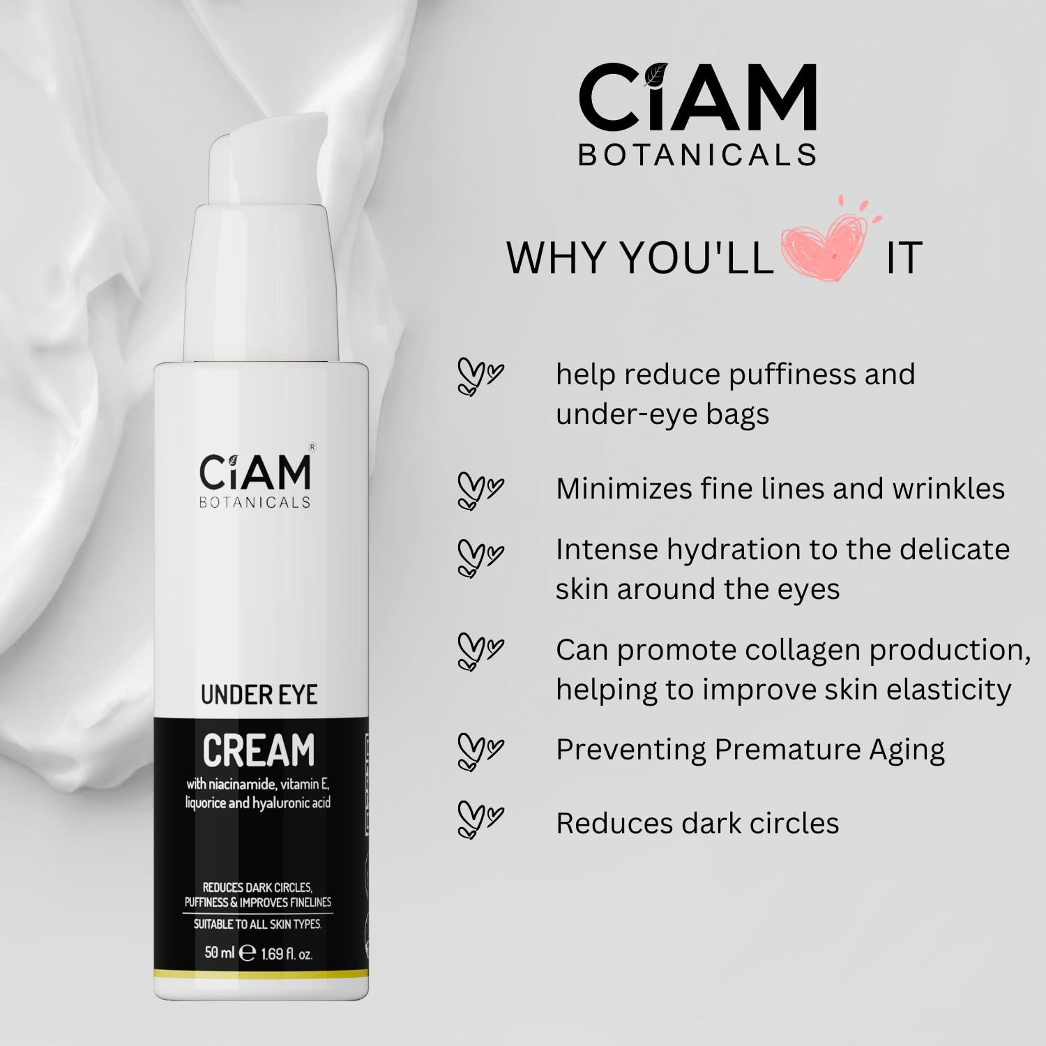 Ciam Botanicals Under Eye Cream For Dark Circle 50ml Enriched With Niacinamide,Vitamin E,Liquorice & Hyaluronic Acid | Reduces Puffiness, Fine Lines,Wrinkes & Crow's Feet Suitable All Skin Types — Amazon image 5