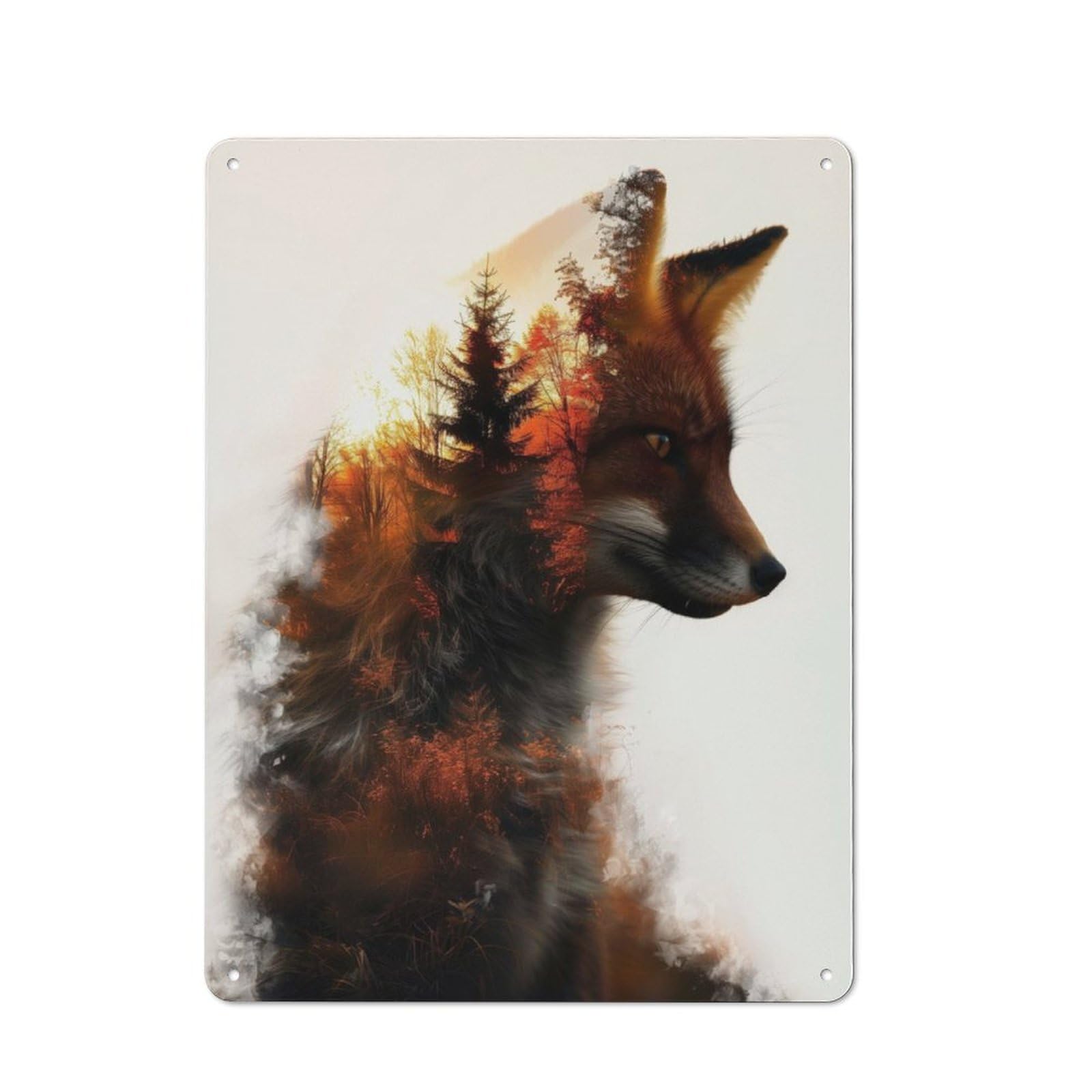 Junmoney Red Fox Double Exposure Metal Wall Sign 40X30cm Featuring For Workshop Wall, Suited To Metal Sign Collectors