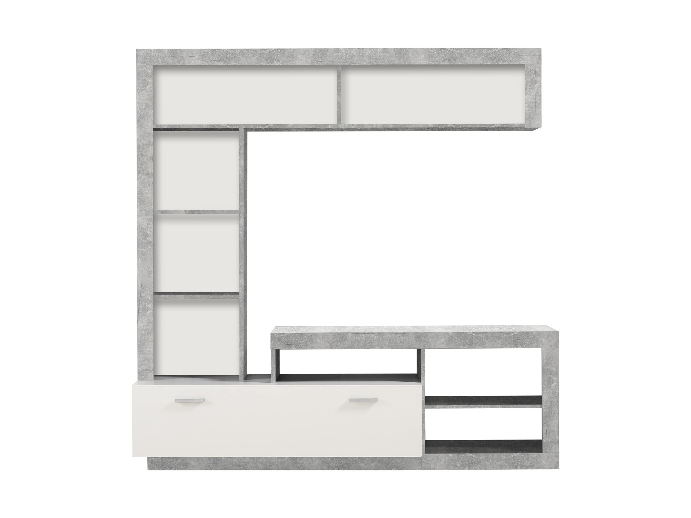 AVANTI TRENDSTORE - Glendo - Parete multimediale in legno laminato nel colore grigio cemento e bianco con tanti vani aperti e una porta a ribalta. Dimensioni LAP 171x171x42 cm
