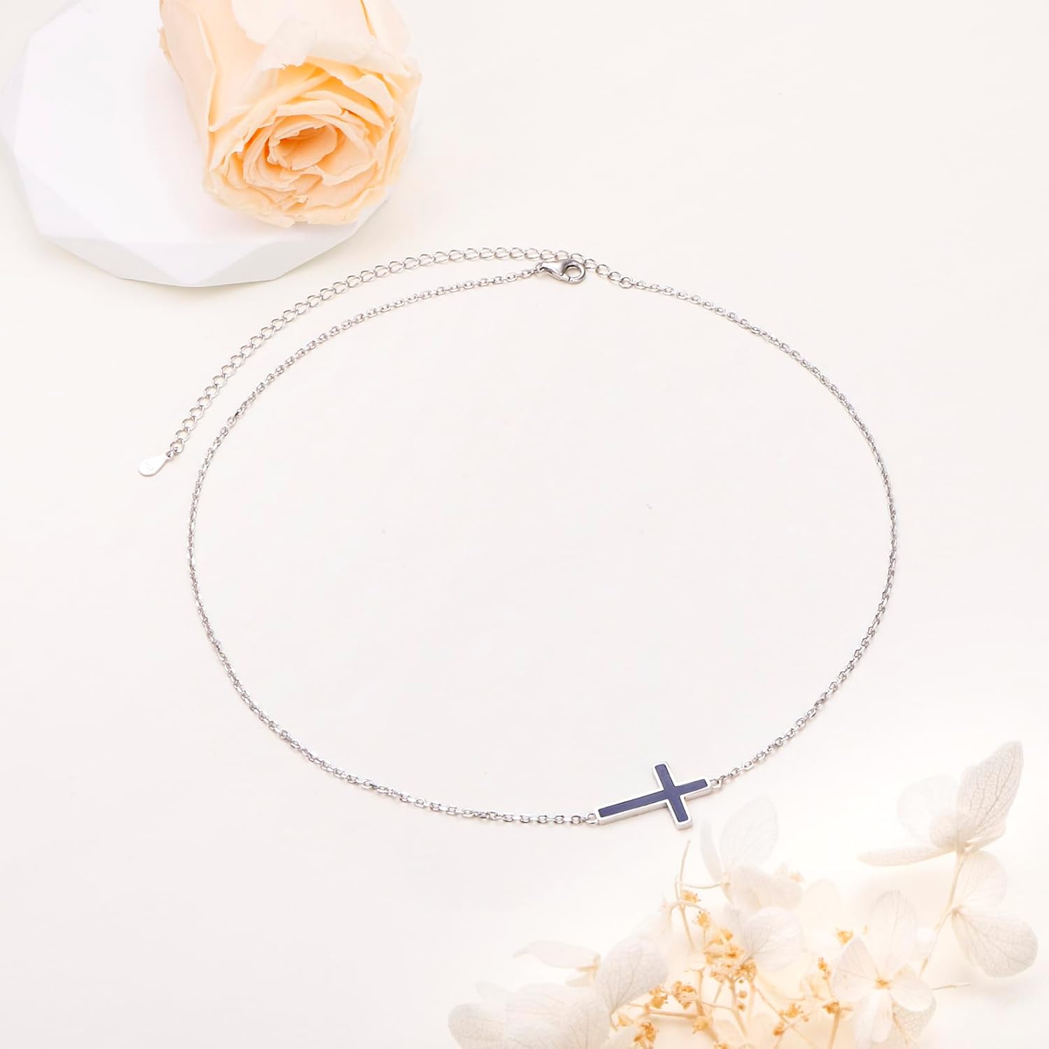 DAOCHONG S925 Sterling Silver Jewelry Sideways Cross Created Lazurite Choker Necklace 14 inches to 18 inches - Image 4