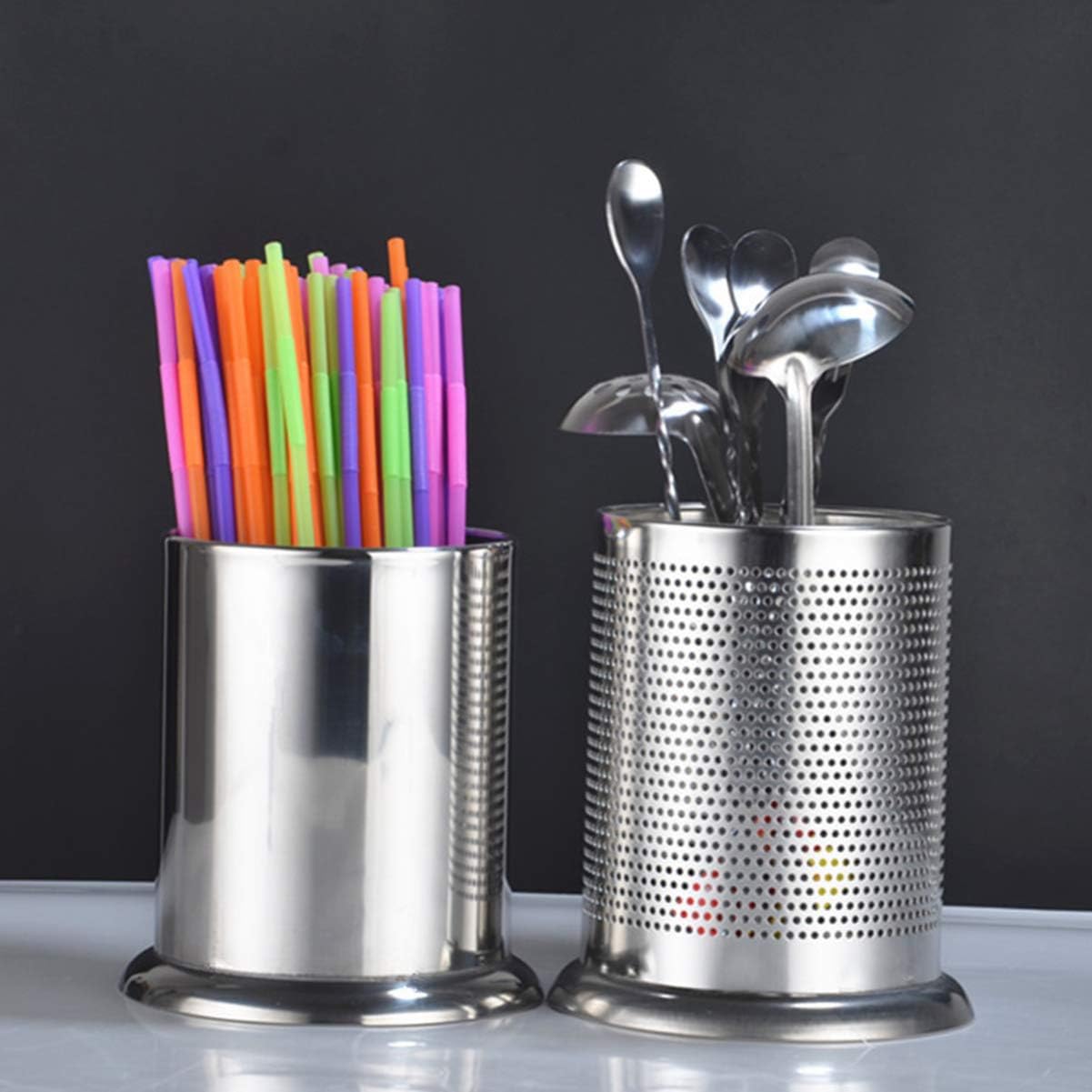Kichvoe Stainless Steel Utensil Holder with Drain Holes for Kitchen Countertop Flatware Organizer Chopstick Tube Easy Clean 5.9X5.9X6.7 Inch