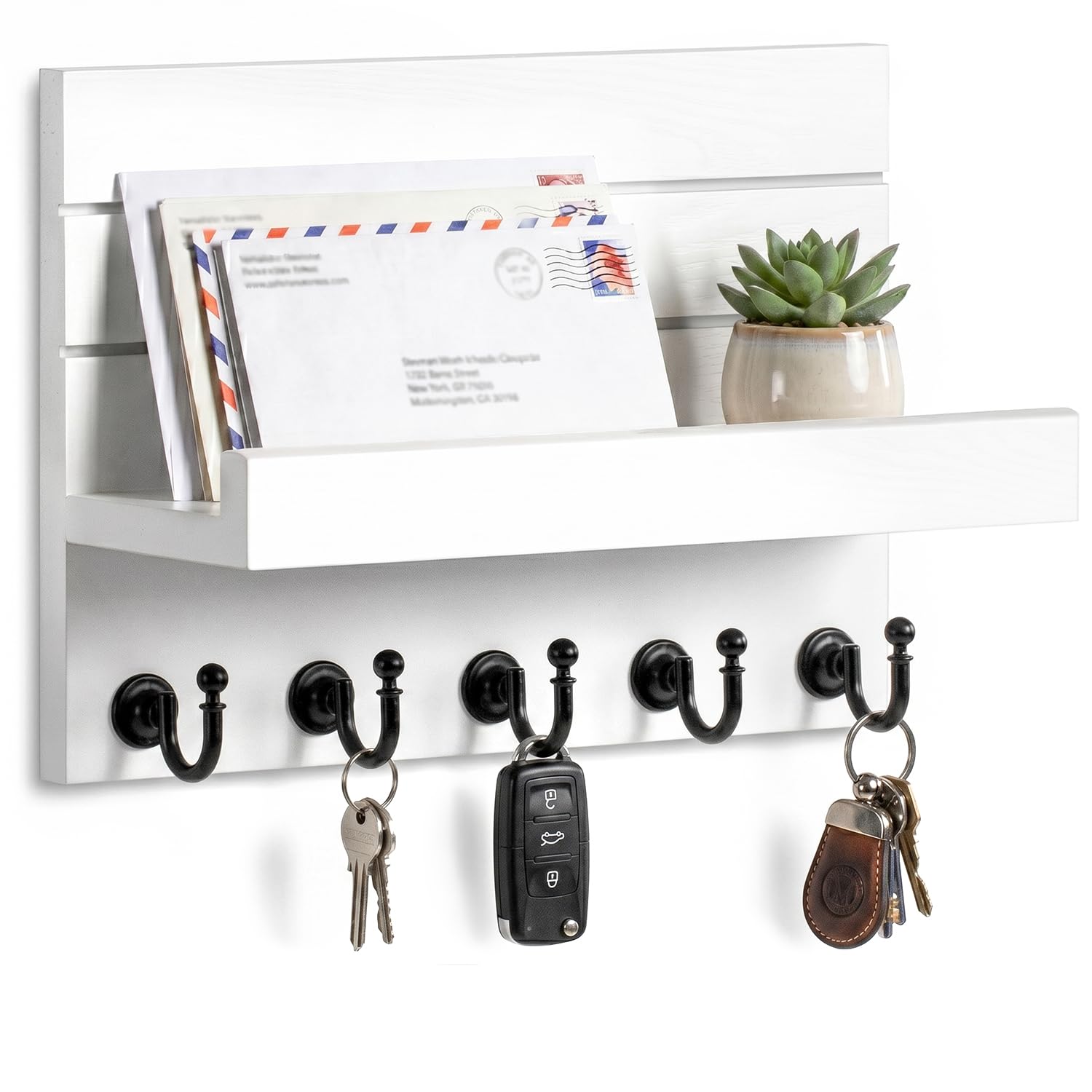 Honjin Green,White Key Holder For Wall: Easy Installation Mail Organizer Wall Mount Hanging Key Rack For Kitchen And Entryway Decor With 5 Sturdy Key Hooks (White)