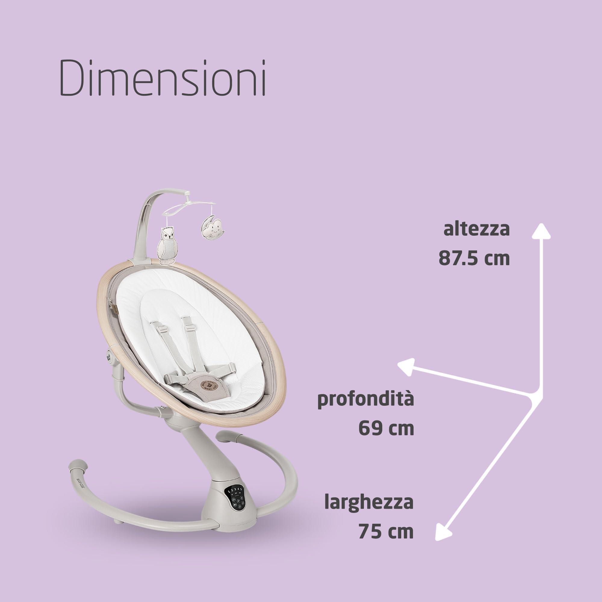 Maxi-Cosi Cassia Sdraietta Neonati Elettrica per bambini 0-6 mesi, max 9 kg, Altalena Neonato Girevole 360°, Reclinabile, rilevamento automatico movimento, 5 velocità, 12 Melodie, Classic Beige