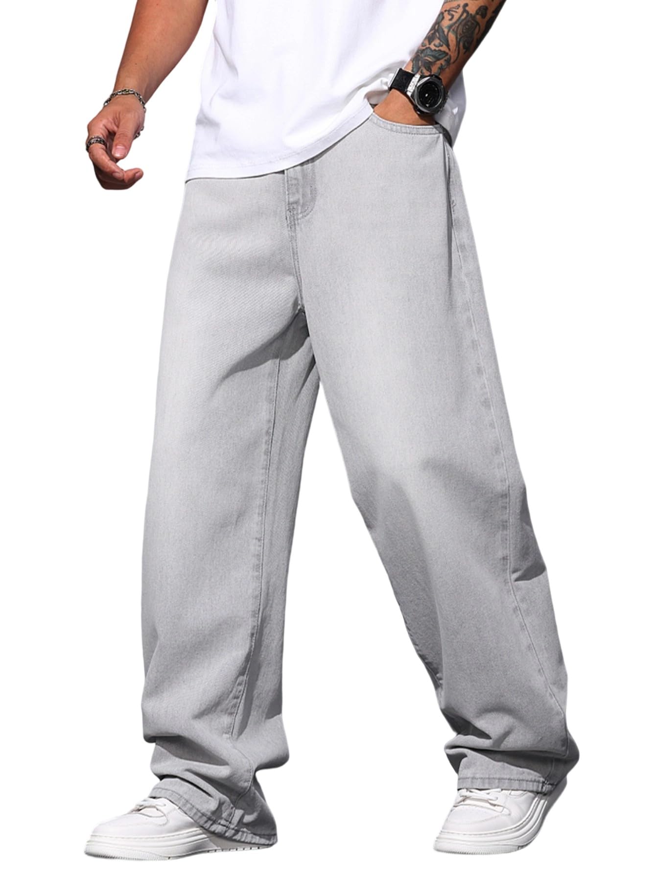 DFGIGT Mens Baggy Jeans Distressed Wide Leg Denim Pants Casual Loose Fit Trousers Streetwear