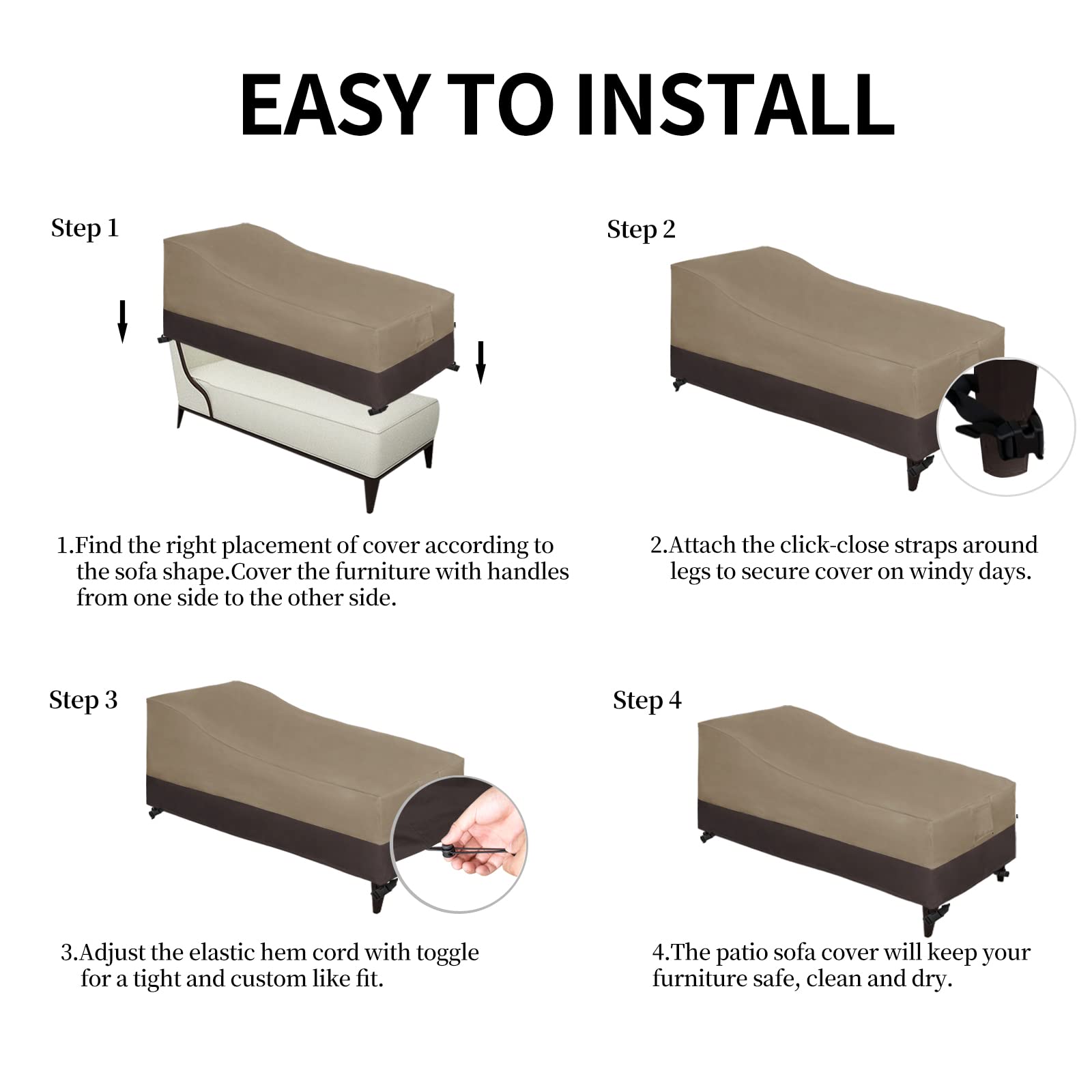 Easy-Going Funda impermeable para tumbona para exteriores, funda resistente al viento para silla de patio, funda para muebles de exterior con ventilación de aire, paquete de 2 unidades de 84 pulgadas