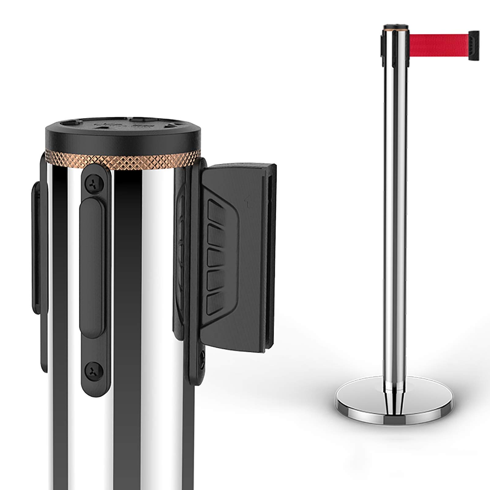 Potelet de sécurité à sangle rétractable 3m rouge et socle stable argenté - 8