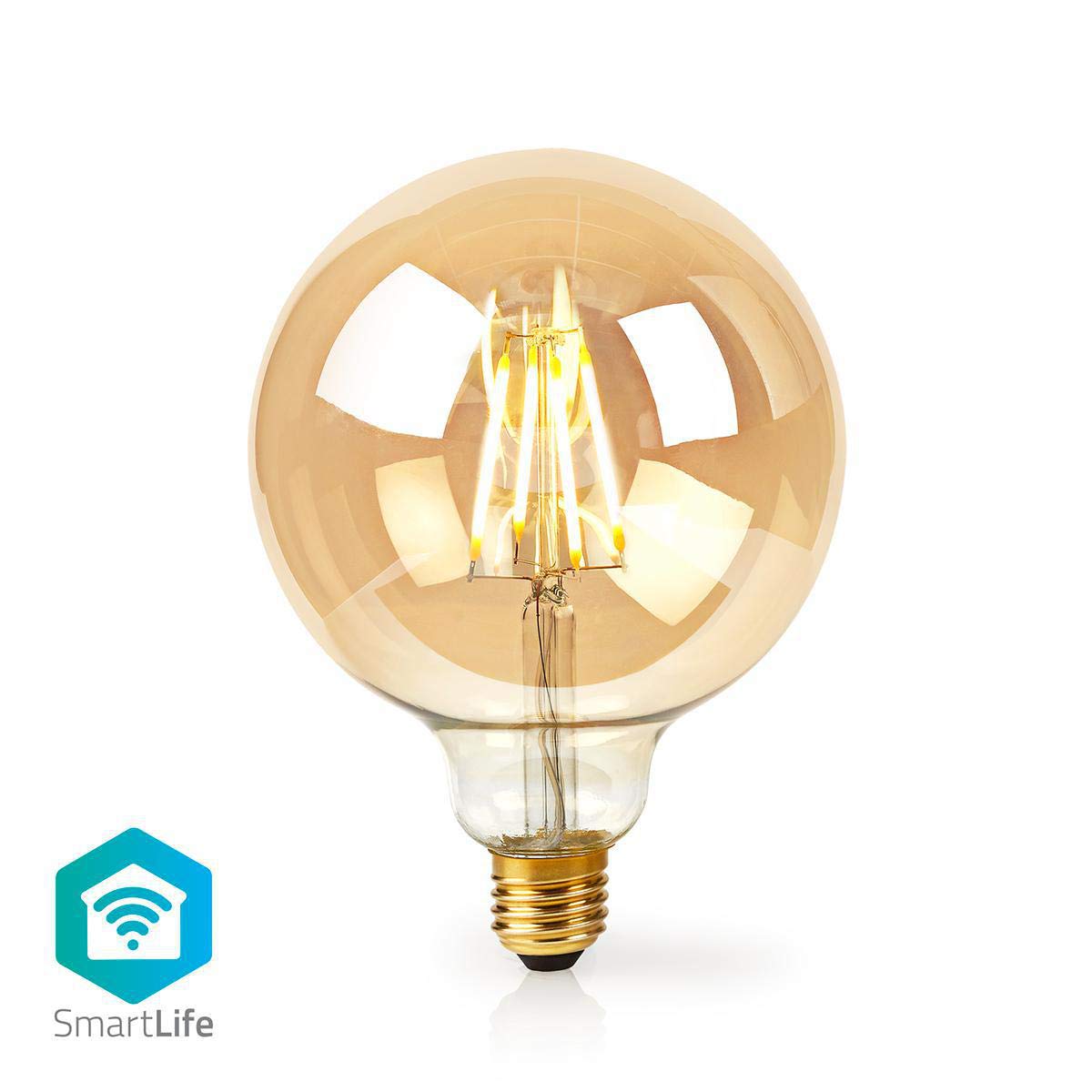 Nedis – Lampadina a filamento Smart WiFi – E27 – 125 mm – 5 W – 500 lm – Controllo app – Facile da configurare – Flusso luminoso nominale: 500 lm – Colore: oro – Materiale: vetro