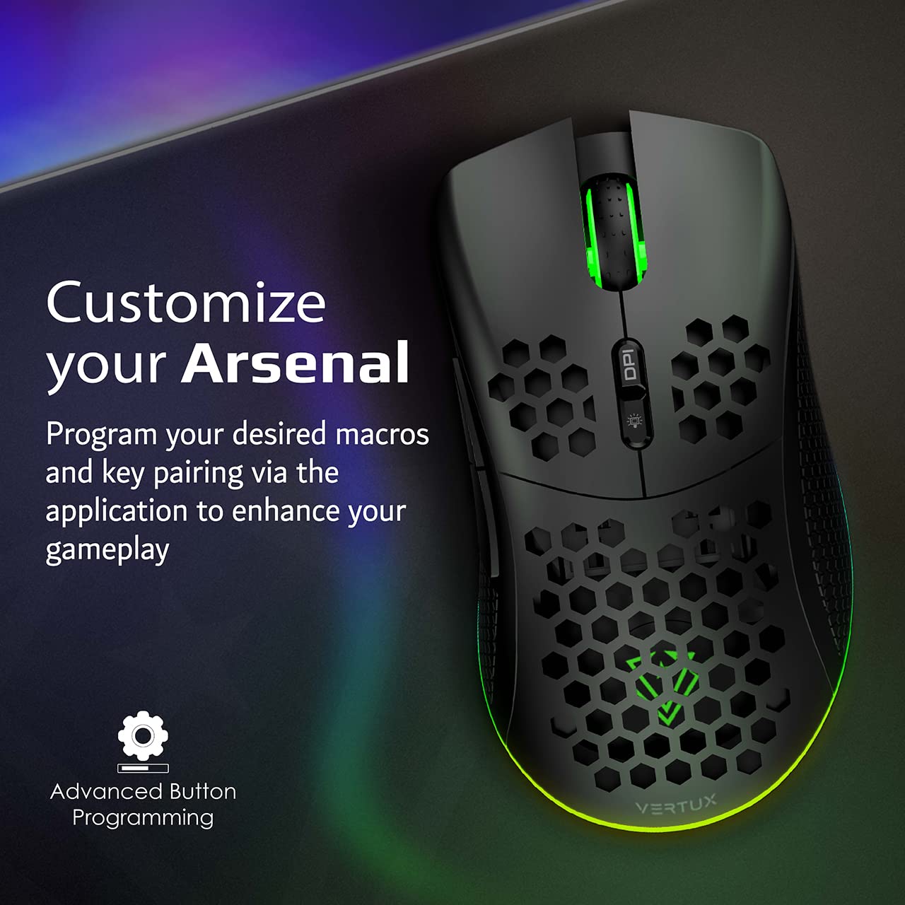 Vertux Ratón Gaming Inalámbrico, 7 Botones Programables, Sensor Óptico 16000 dpi, Recargable, Ajustable con LED RGB, 1000Hz, Ratón Gaming Dual, Diseño Honeycomb Ergonómico, PC/Mac/Portátil, Ammolite