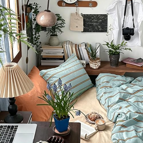 Image of mixinni Retro Mint Blue Striped Duvet Cover Set - 100% Natural Cotton 3-Piece Vintage Stripes Pattern Printed Bedding Set, Soft Breathable Comforter Cover with Zipper Closure & Corner Ties, Twin Size