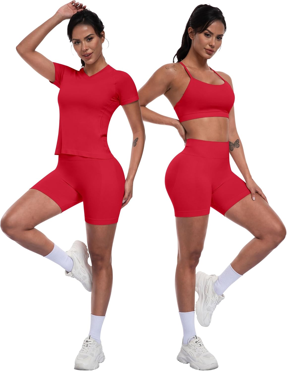 Women 3 Piece Workout Sets Seamless Running Tops Athletic Gym Yoga Short Y Back Sports Bras Outfits - Image 4