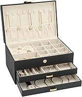 V-Lafuy Black Jewelry Box Organizer for Women - 3-Tier Holder with 9 Necklace Hooks, 2 Drawers, Velvet Lining - Ideal Christmas Gift