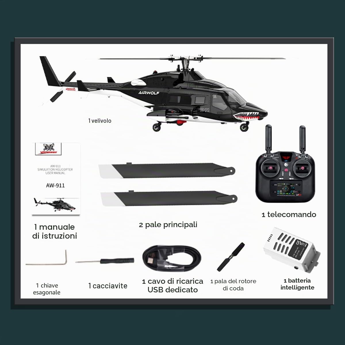 Air-wolf elicottero RC per adulti, aereo Wolfbush AW-911, scala 1/34, 2,4 G, 9 CH Flybarless con modalità cascata 6G/3D, modello elicottero RC a 1 batteria con posizionamento GPS