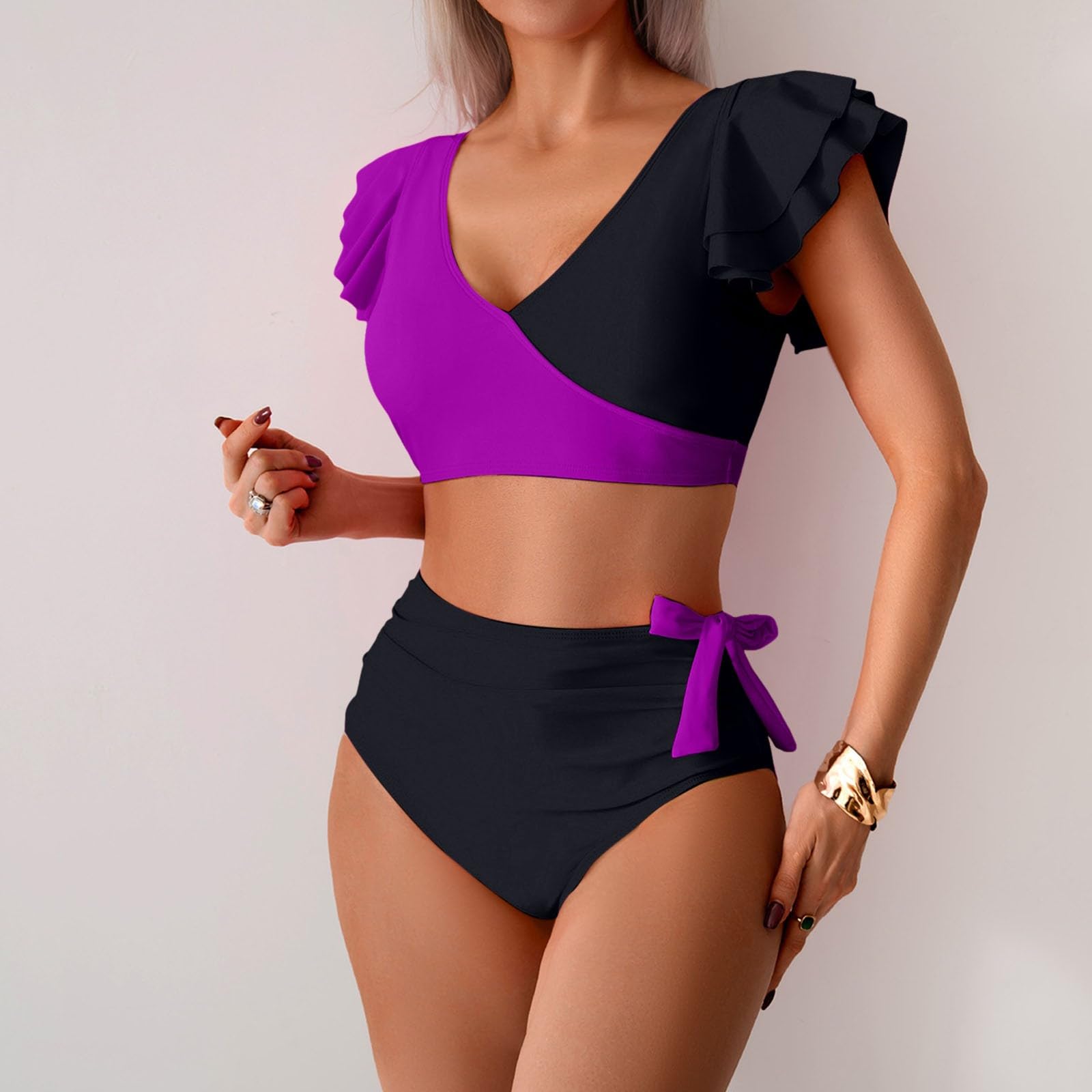 Bikinis para mujer, bikini sexy dividido con mangas en V altas y profundas, conjunto de dos piezas, rosa, L