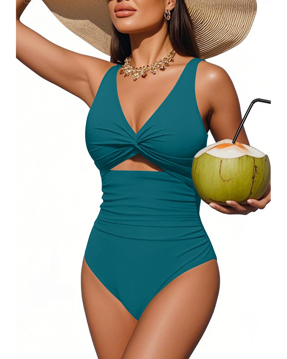 Tempt Me Women One Piece Swimsuits Tummy Control Cutout Bathing Suits Ruched V Neck Twist Front Swimwear