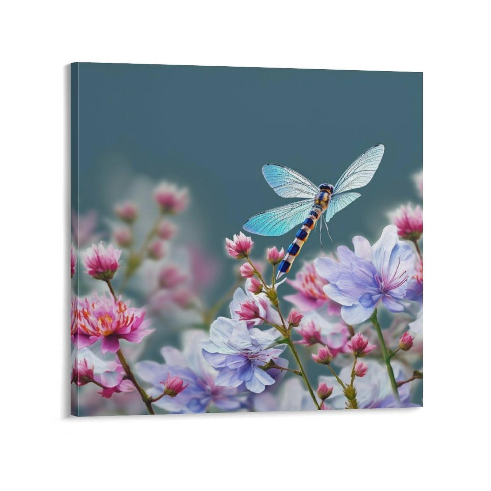 Dragonfly And Flowers Canvas Wall Art for Bedroom 28x28inch(70x70cm) Canvas Prints Artwork for Walls Modern Picture Artwork Painting for Living Room Aesthetic Wall Paintings for Bathroom Kitchen Offic