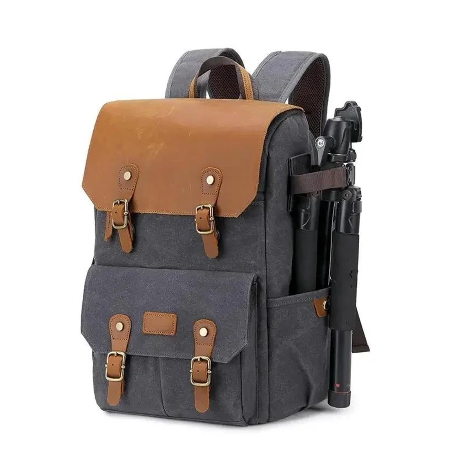 Waterproof Waxed Canvas Camera Backpack with USB Port | Waxed canvas material,waterproof design,USB charging port(Small-camera-gray)