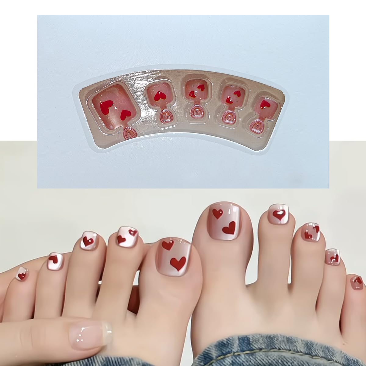 S.A.V.I 24 Pcs Fake Toe Nails Baby Pink Cat’s Eye Short Natural Shape Press On Nails with Red Heart Print | Artificial Pedicure Tips for Women & Girls | Includes Nail Glue & Adhesive Tabs-image-36