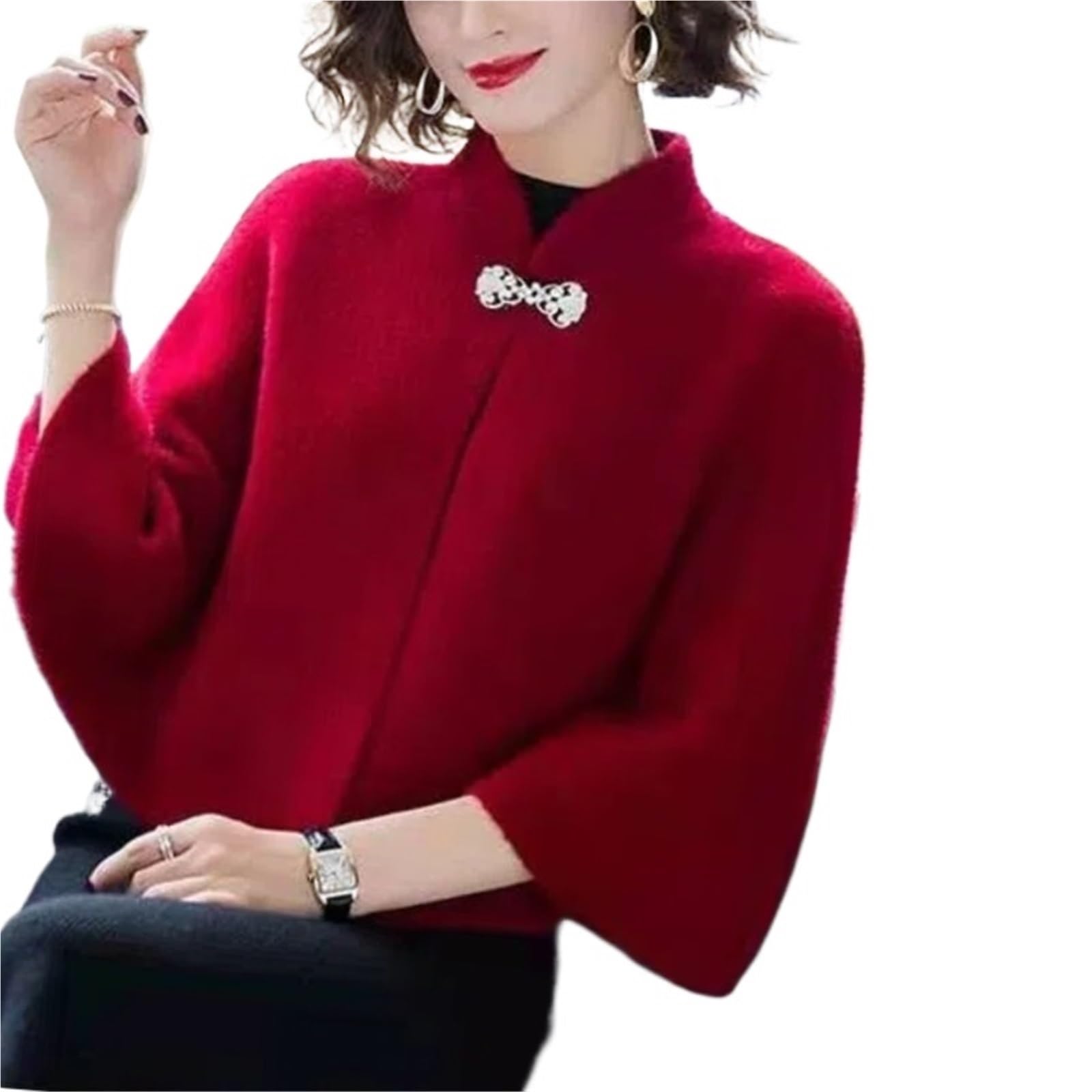 Poncho invernali in lana cheongsam mantelle autunno donna solido colletto alto un bottone temperamento top