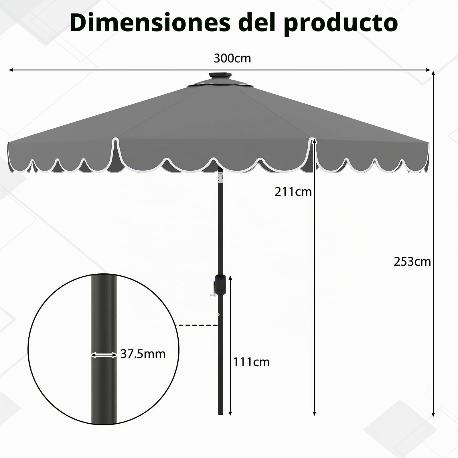 KOMFOTTEU 300 cm Sombrilla Terraza Exterior, Sombrilla de Jardín Inclinable 35° con Manivela y 8 Varillas, Parasol de Mercado para Patio, Balcón, sin Base