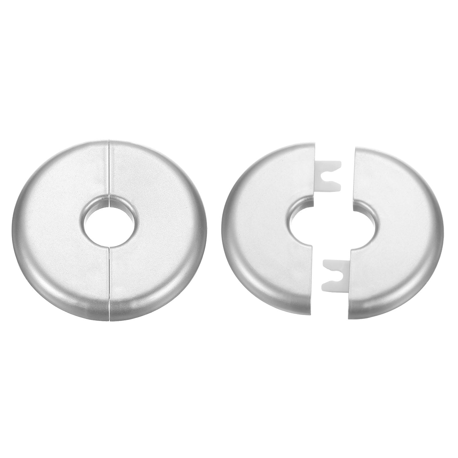 sourcing map 2 placas de cubierta de fontanería autoadhesivas de plástico ABS con brida dividida de 17 mm, diseño de hebilla para tubería de agua, baño, cocina, decoración, tono plateado