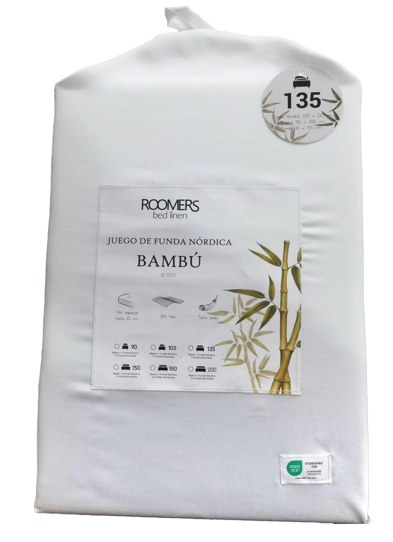 HM'S HOME'SECRET Roomers Bed Linen – Funda Nordica 3 Piezas 100% Bambú Natural, 300 Hilos, Tacto Seda, Certificación Oeko-Tex 6 Tamaños (Blanco, Cama 150/160cm 240x220m)