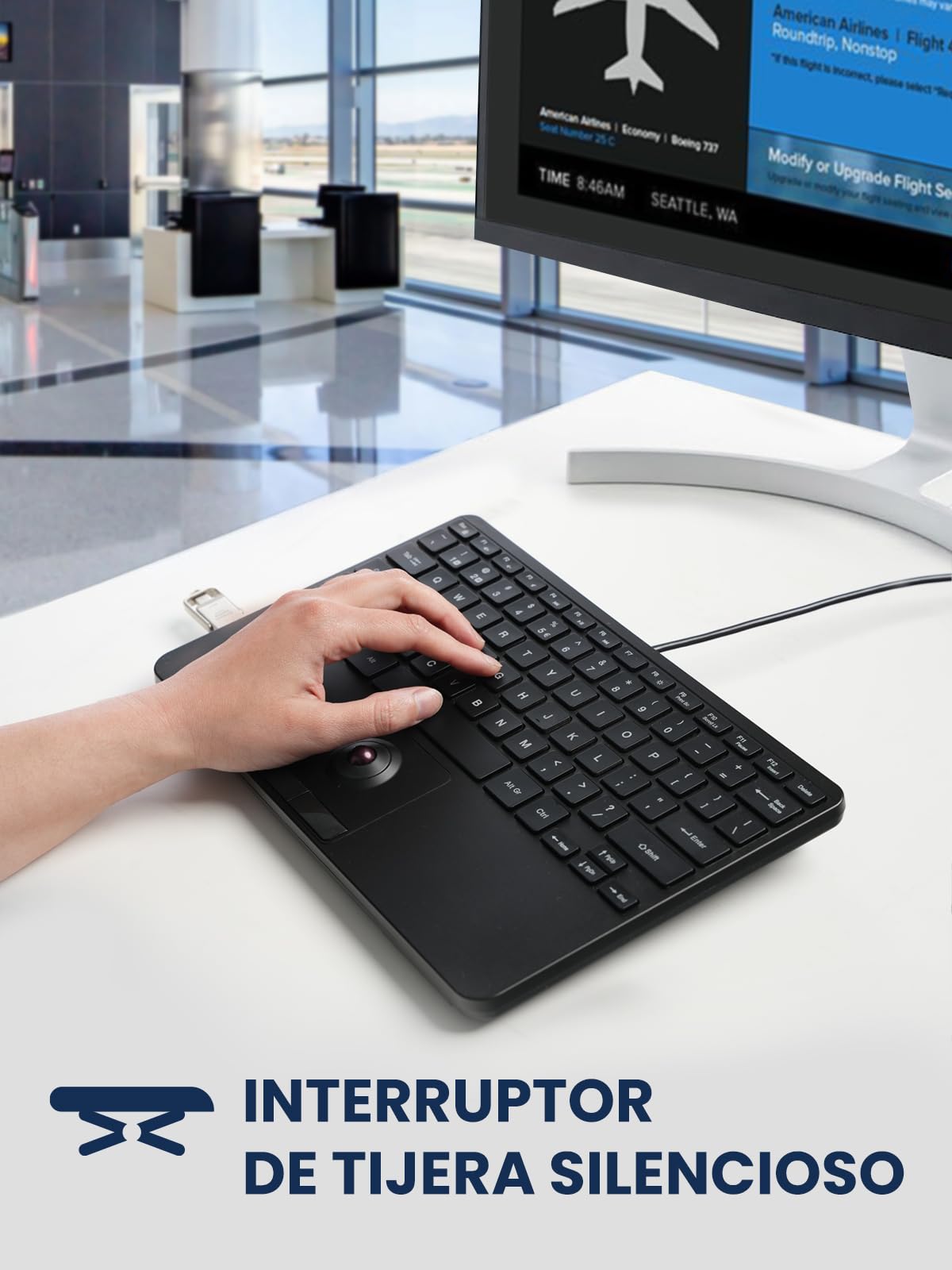 Perixx PERIBOARD-427 ES: Klawiatura USB z kablem - Zintegrowany trackball, białe/czerwone podświetlenie, kompaktowa konstrukcja - 2 porty USB i układ QWERTY hiszpański