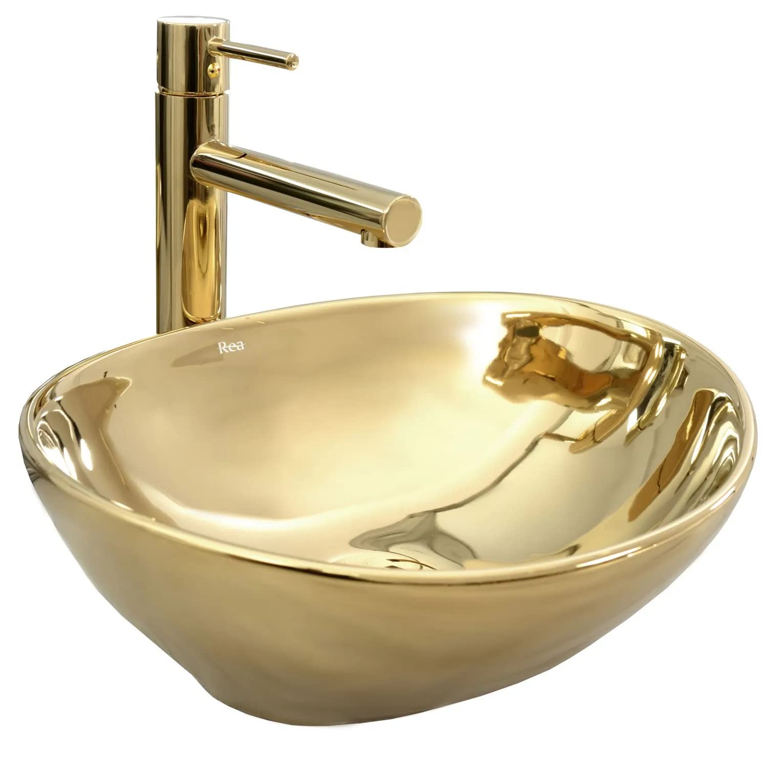 VBChome Waschbecken Gold + Armatur 41 x 35 x 15 cm Kleine Keramik Oval Waschtisch Handwaschbecken Aufsatzwaschbecken Waschschale Gäste WC