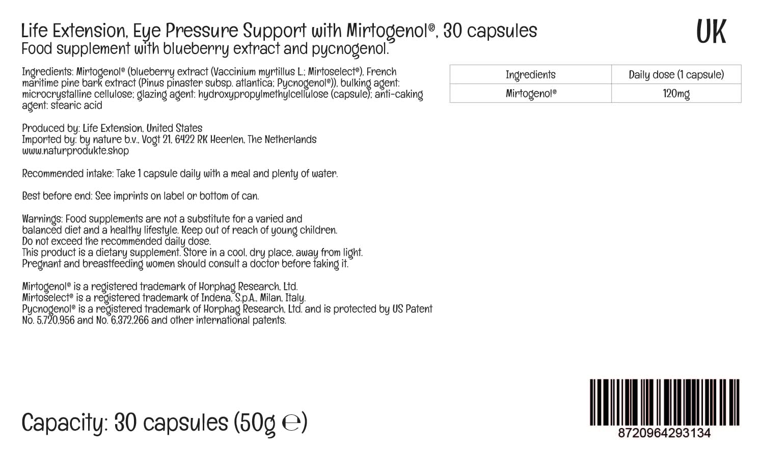 Life Extension, Eye Pressure Support with Mirtogenol, Extracto de Arándano y Pycnogenol, 30 Cápsulas veganas, Testado en Laboratorio, Sin Gluten, Vegetariano, Sin Soja, No GMO